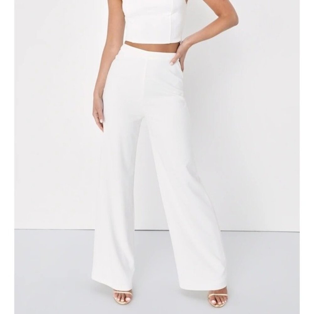Lulus Enticing Endeavors Wide Leg Casual Work Pants Sz Small Womens White
